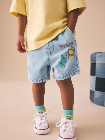 Light Blue Printed Pull On Loose Denim Shorts (3mths-7yrs)
