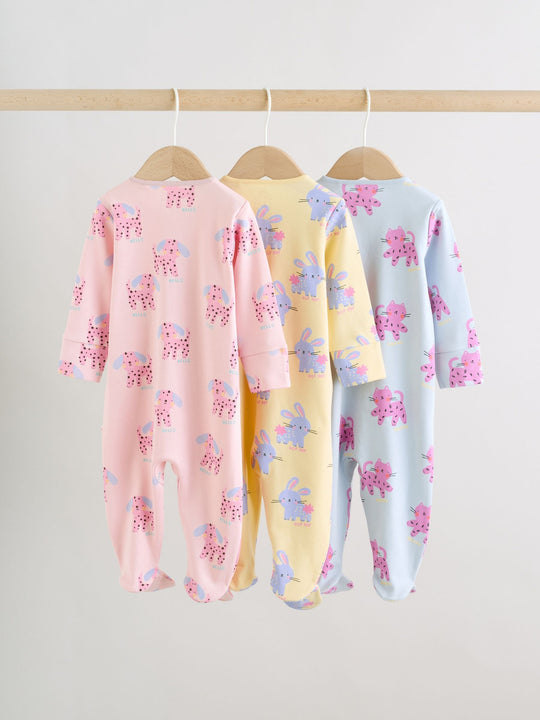 Pink/Yellow character Two Way Zip Baby Sleepsuits 3 Pack (0mths-2yrs)