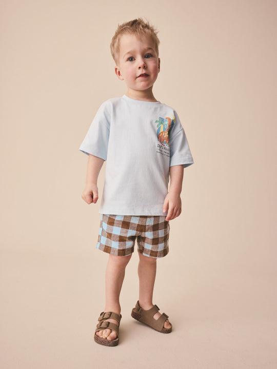 Blue/Brown Gingham Linen Blend Pull On Shorts (3mths-7yrs)