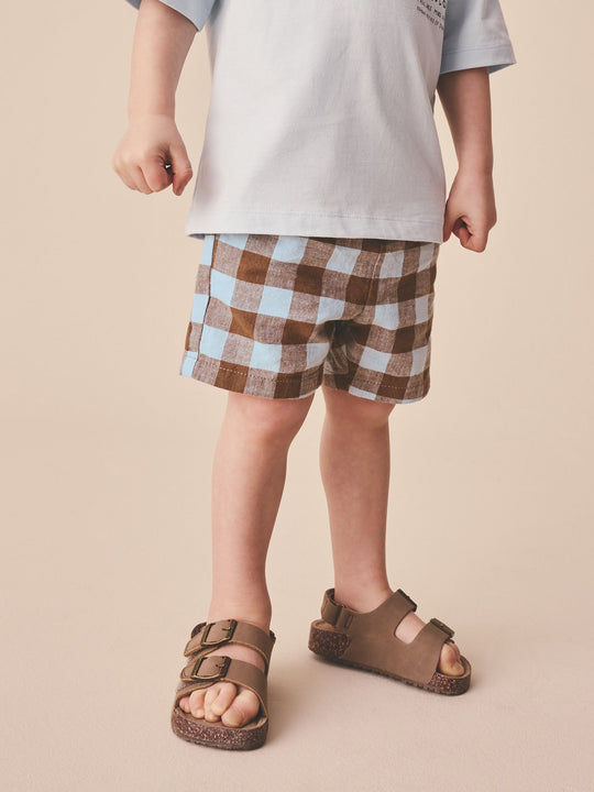 Blue/Brown Gingham Linen Blend Pull On Shorts (3mths-7yrs)