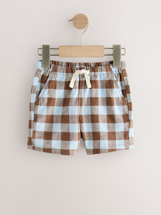 Blue/Brown Gingham Linen Blend Pull On Shorts (3mths-7yrs)