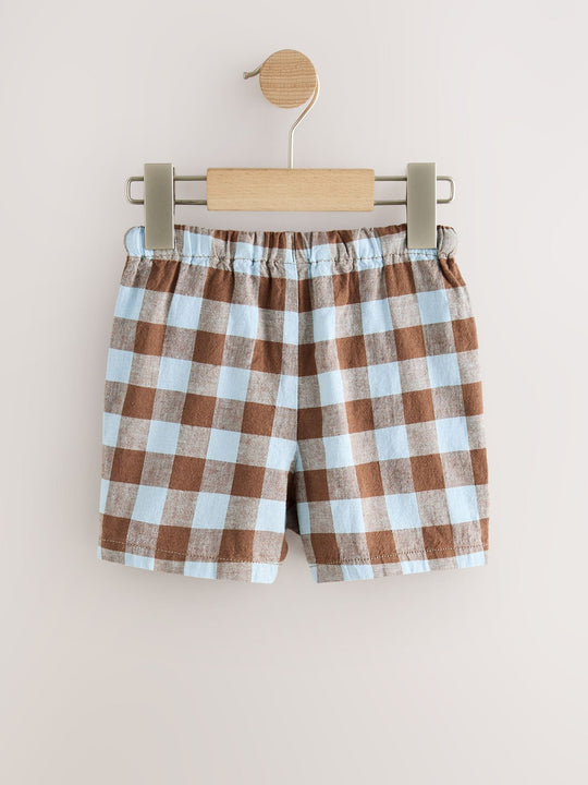Blue/Brown Gingham Linen Blend Pull On Shorts (3mths-7yrs)