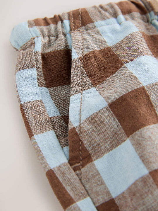 Blue/Brown Gingham Linen Blend Pull On Shorts (3mths-7yrs)