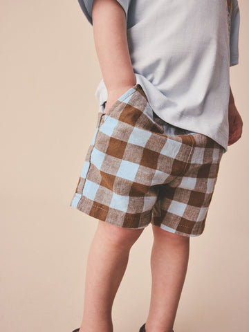 Blue/Brown Gingham Linen Blend Pull On Shorts (3mths-7yrs)