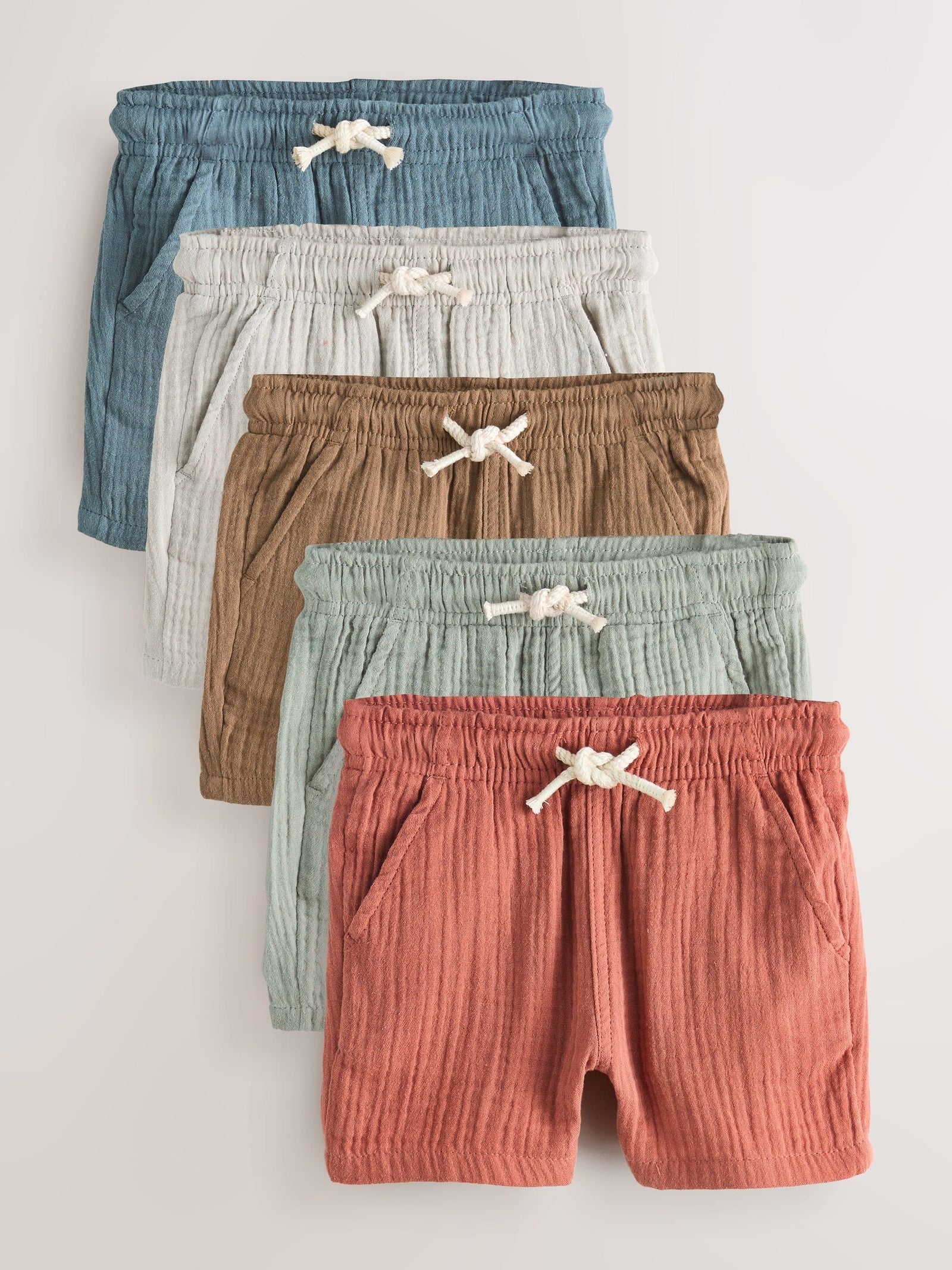 Neutral/Brown/Red/Blue/Sage Green Soft Textured Pull On Shorts 5 Pack (3mths-7yrs)