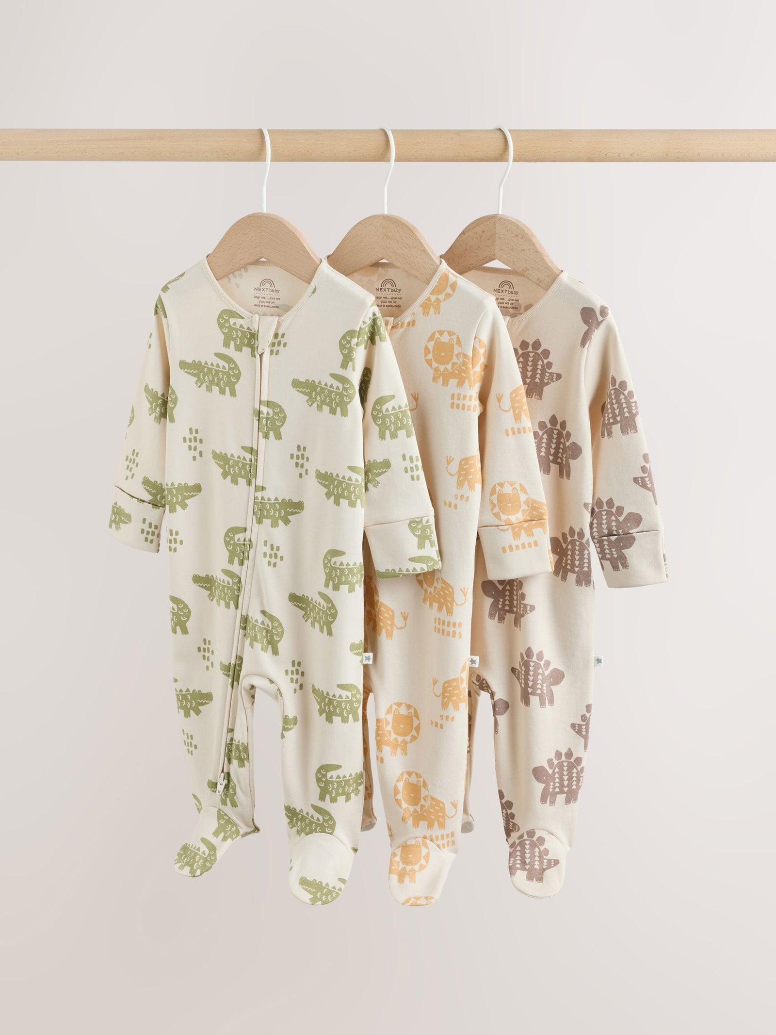 Multi Safari Two Way Zip Baby Sleepsuits 3 Pack (0mths-2yrs)
