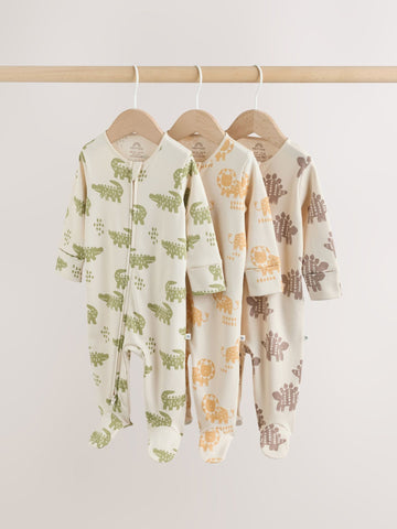 Multi Safari Two Way Zip Baby Sleepsuits 3 Pack (0mths-2yrs)
