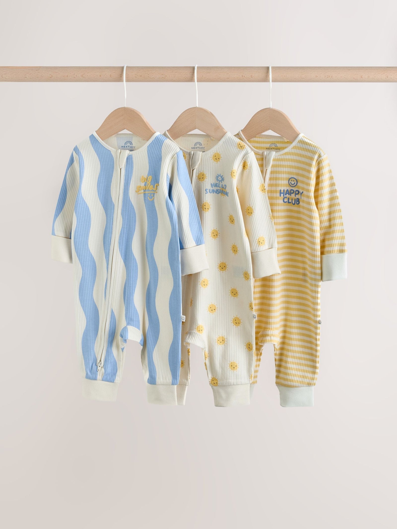 Yellow/Blue Sunshine Two Way Zip Baby Sleepsuits 3 Pack (0mths-3yrs)