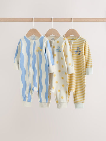 Yellow/Blue Sunshine Two Way Zip Baby Sleepsuits 3 Pack (0mths-3yrs)