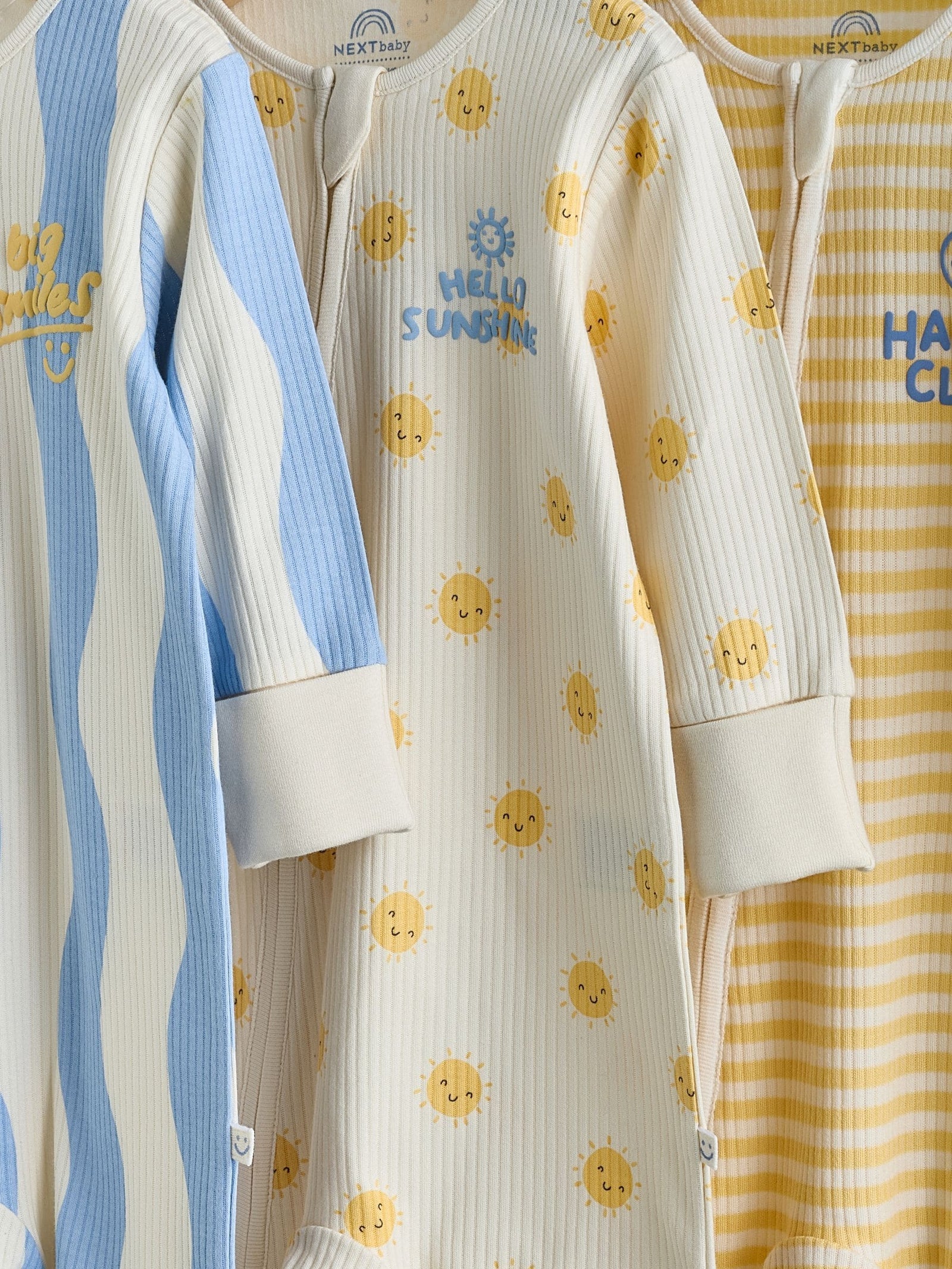 Yellow/Blue Sunshine Two Way Zip Baby Sleepsuits 3 Pack (0mths-3yrs)