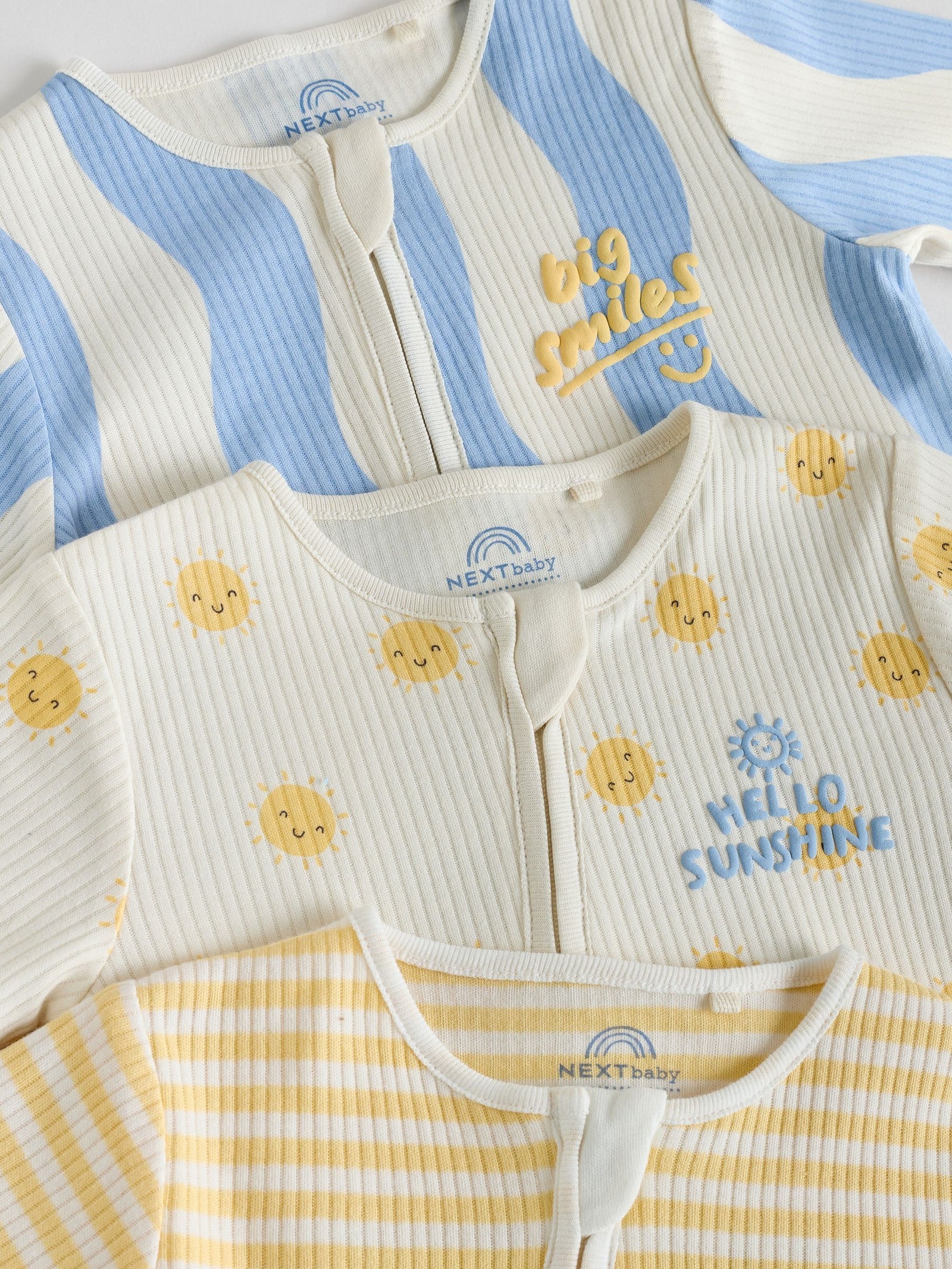 Yellow/Blue Sunshine Two Way Zip Baby Sleepsuits 3 Pack (0mths-3yrs)