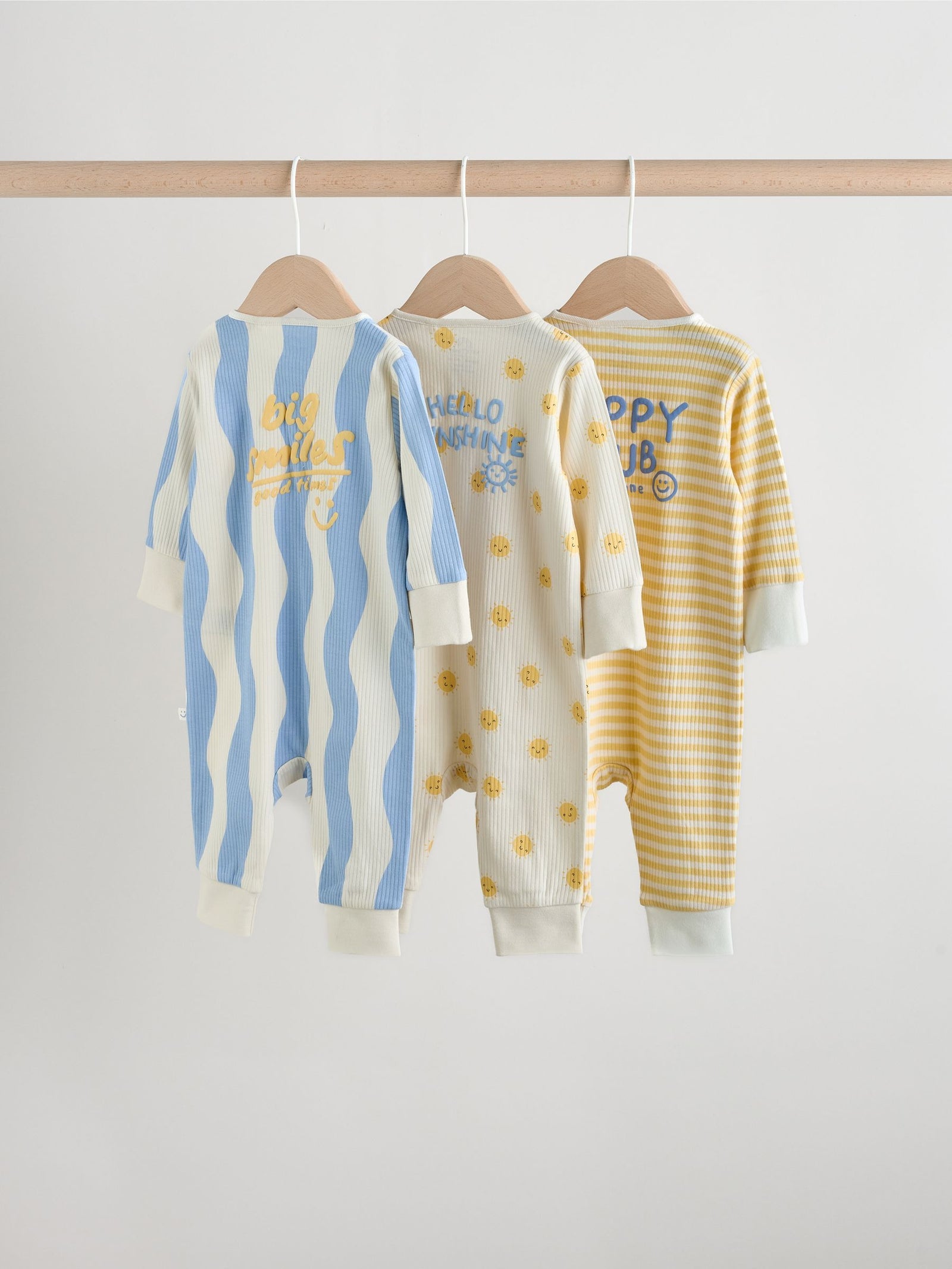 Yellow/Blue Sunshine Two Way Zip Baby Sleepsuits 3 Pack (0mths-3yrs)