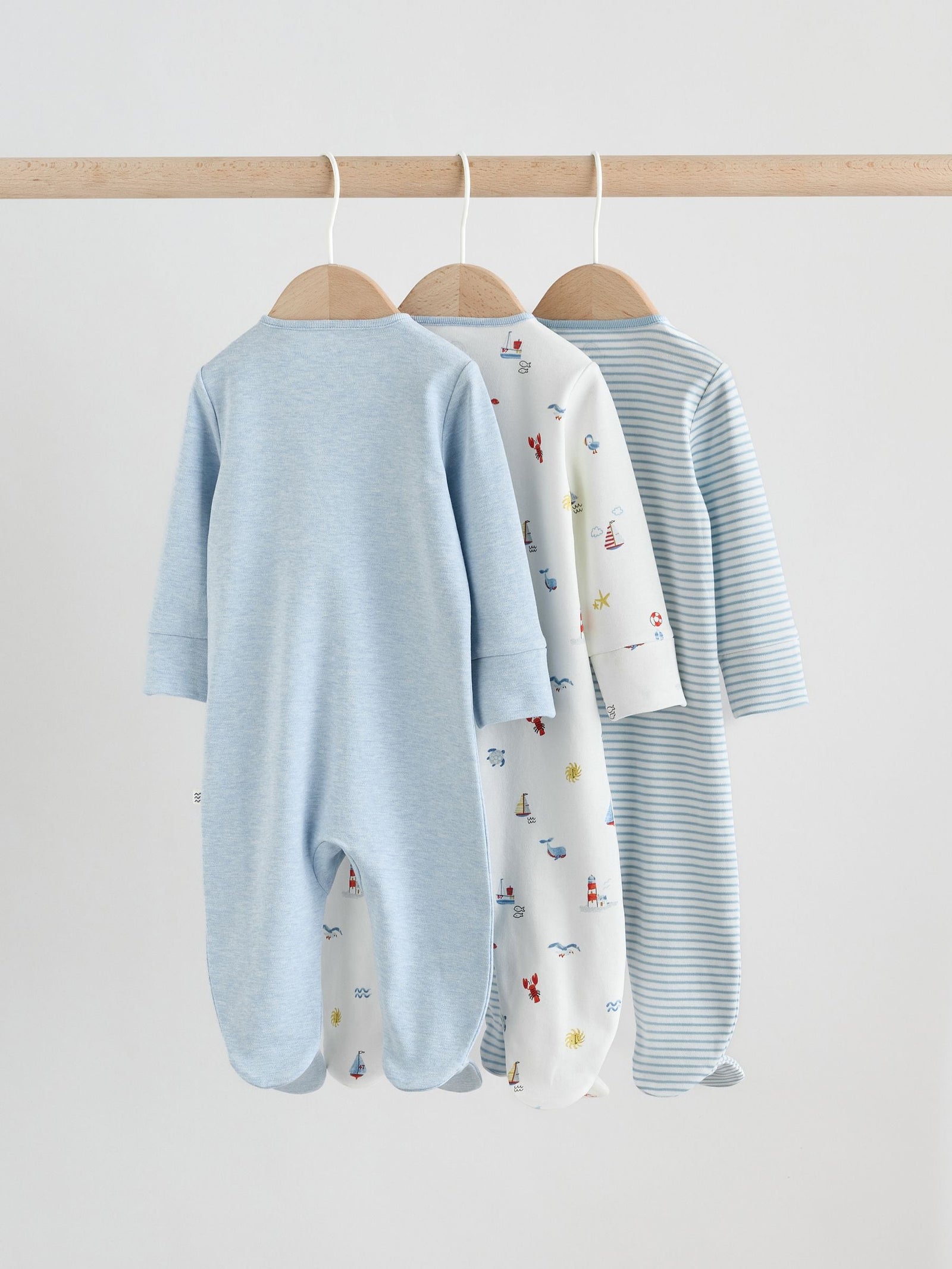 Blue Nautical Baby Sleepsuits 3 Pack (0-2yrs)