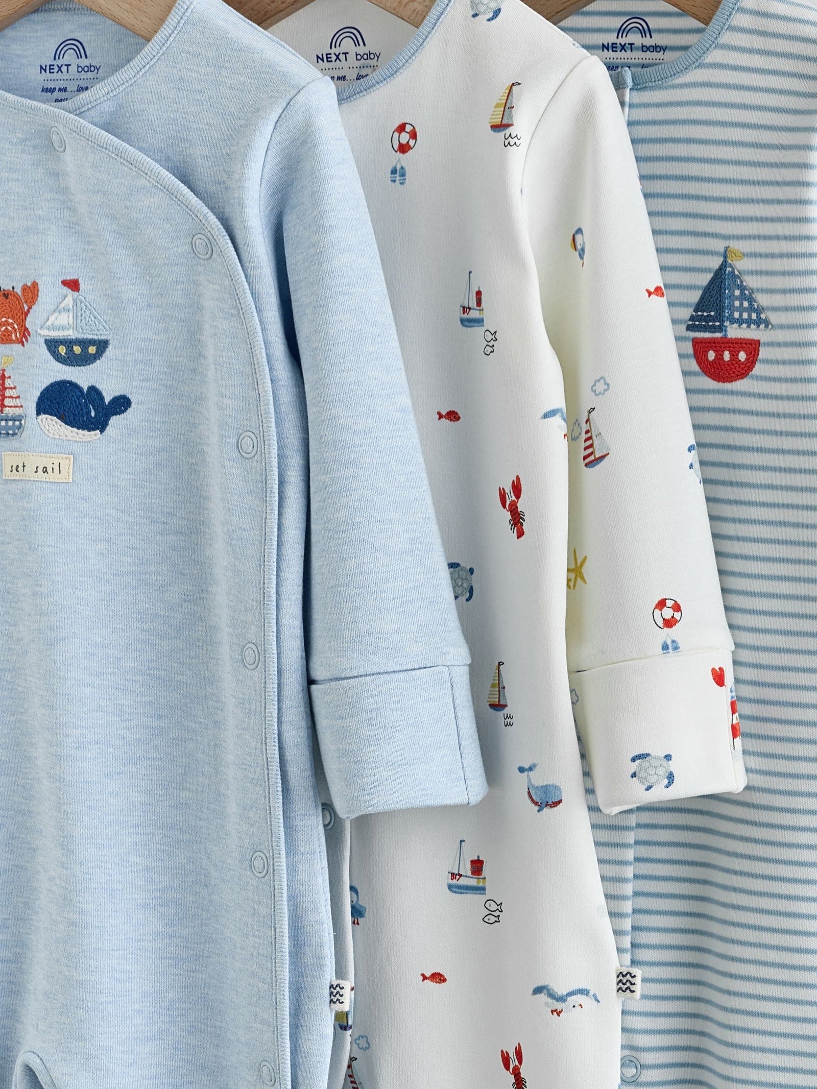 Blue Nautical Baby Sleepsuits 3 Pack (0-2yrs)