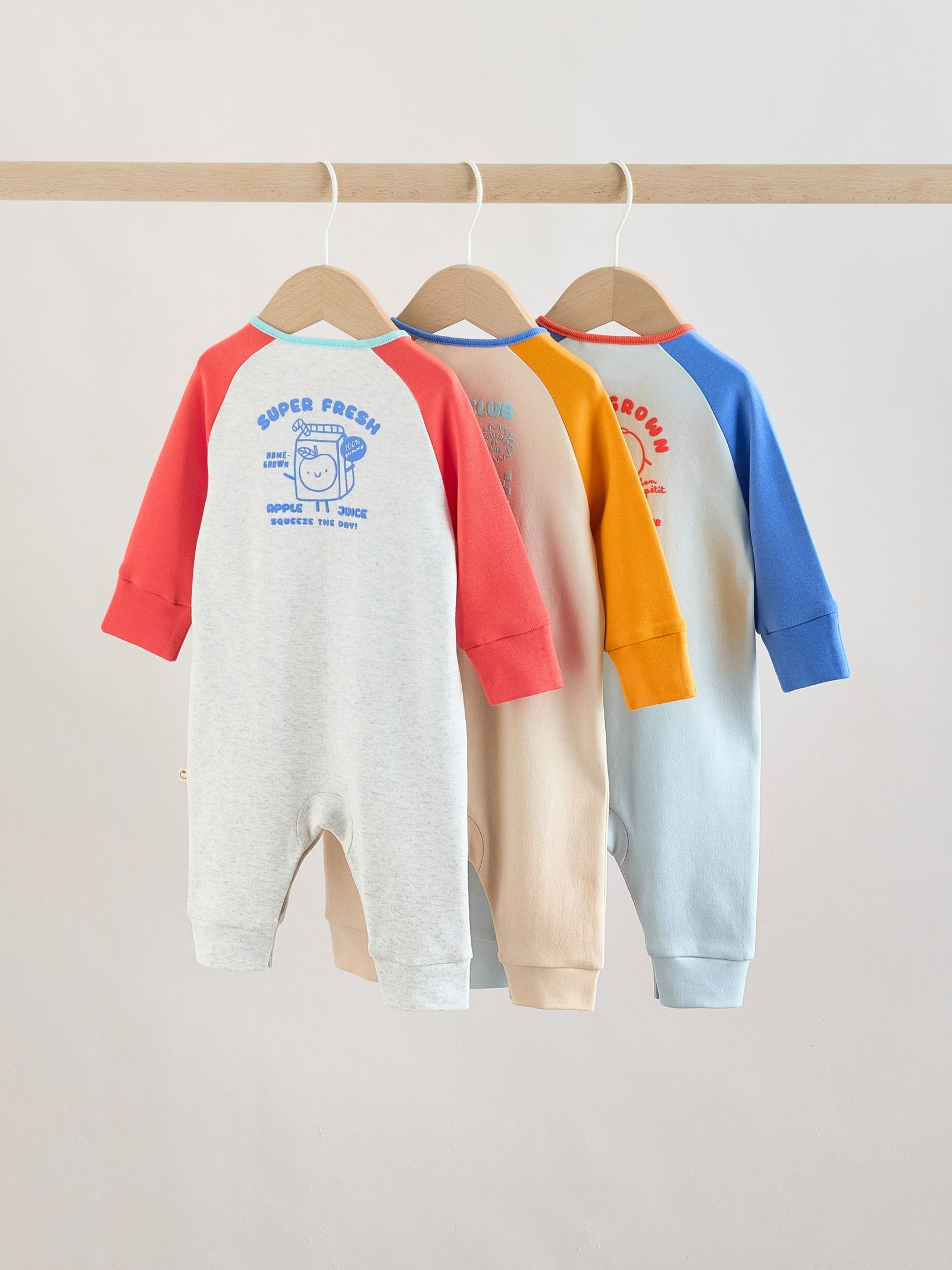Multi Raglan Baby Sleepsuits 3 Pack (0mths-3yrs)