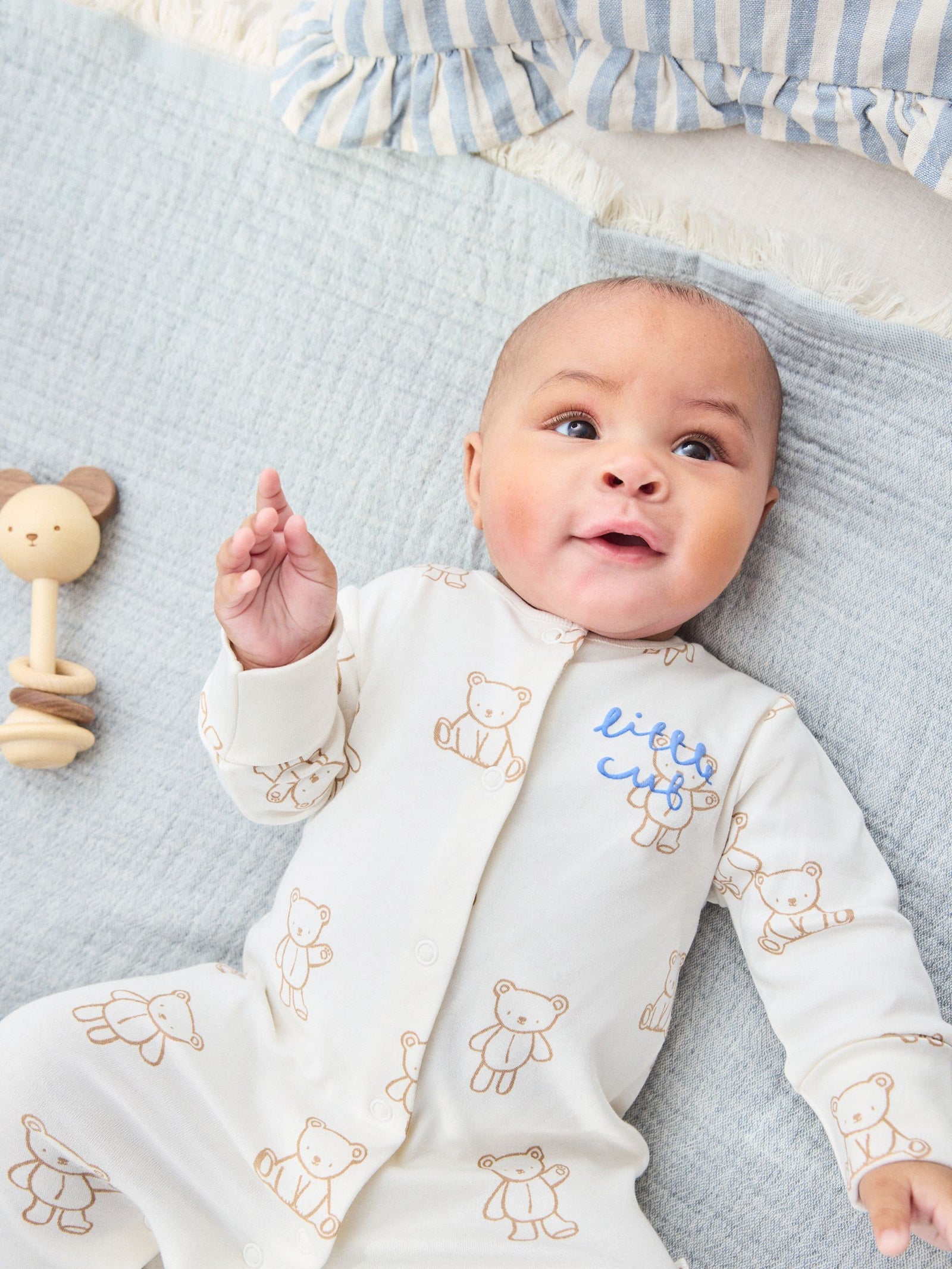Blue/Ecru Bear Baby Sleepsuits 3 Pack (0-2yrs)