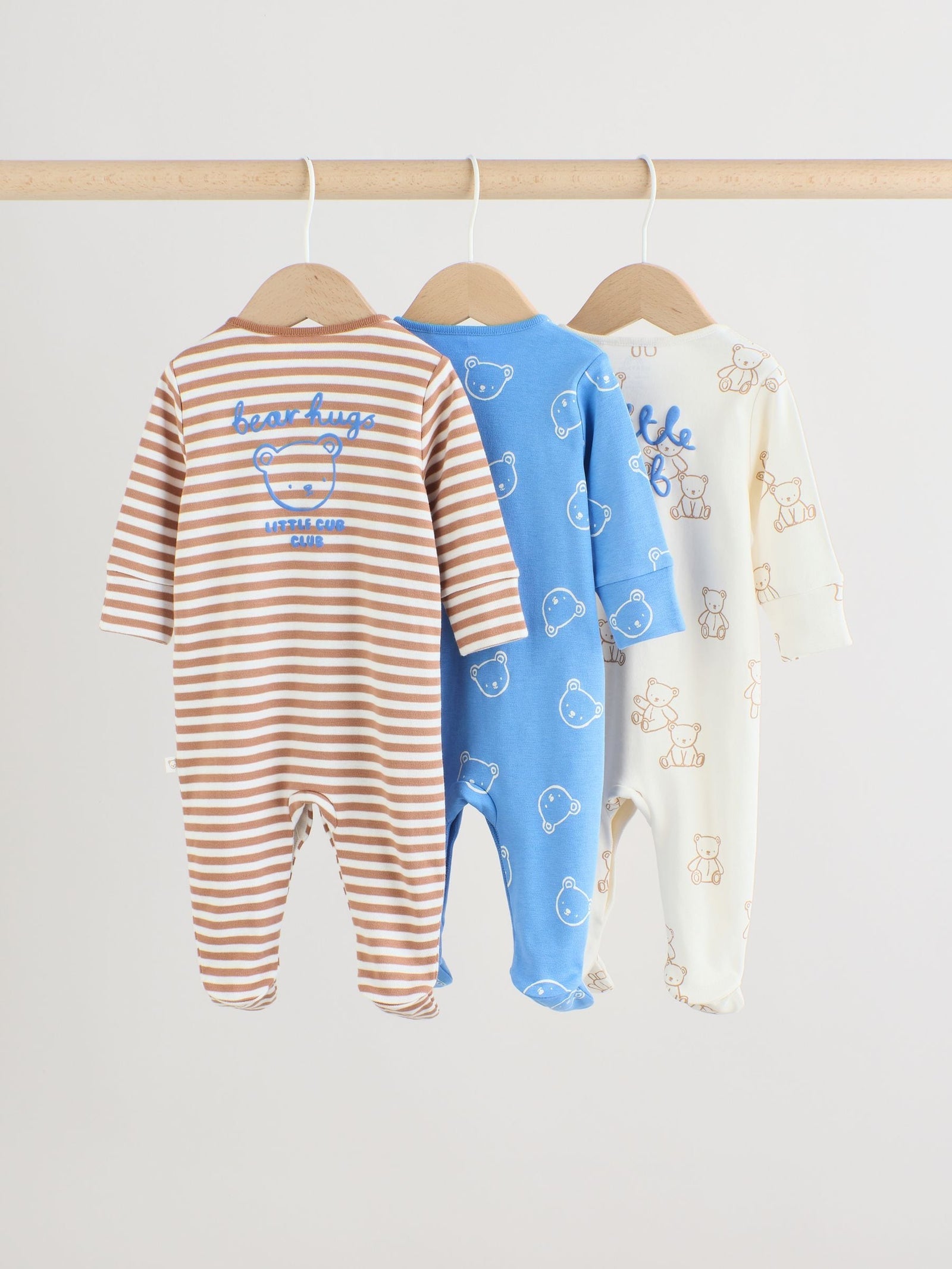 Blue/Ecru Bear Baby Sleepsuits 3 Pack (0-2yrs)
