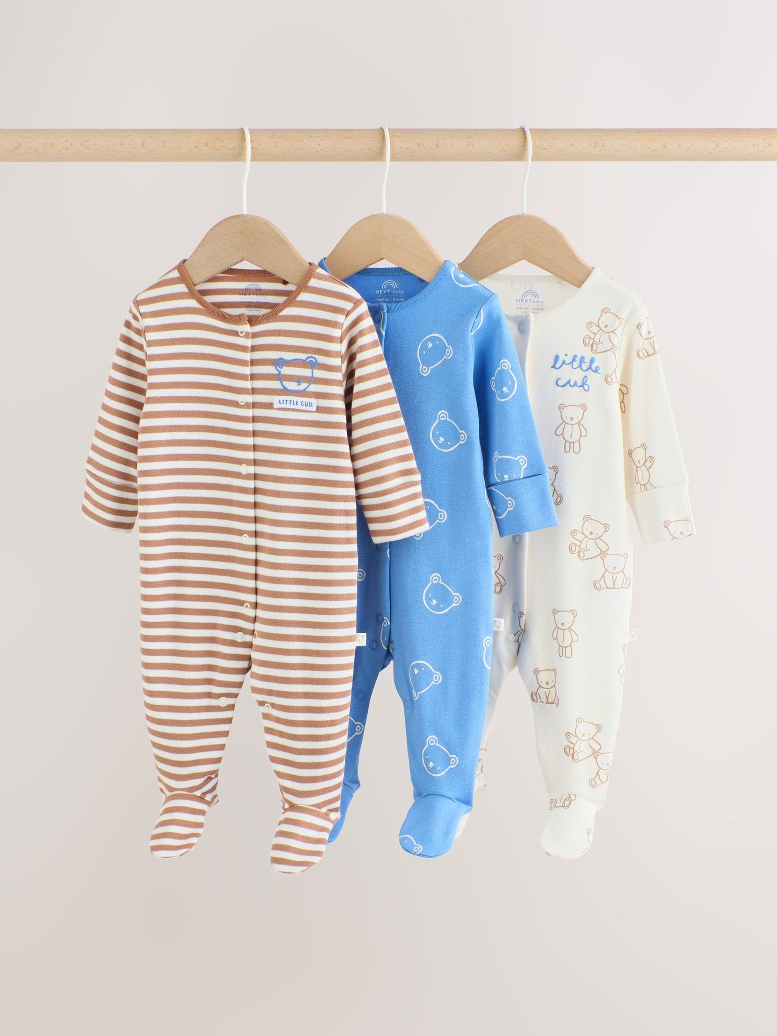 Blue/Ecru Bear Baby Sleepsuits 3 Pack (0-2yrs)