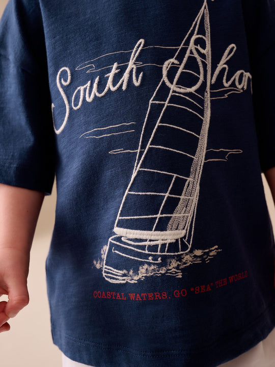 Navy Blue Boat Short Sleeve Graphic T-Shirt (3mths-7yrs)