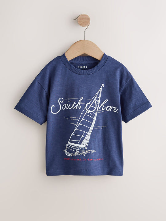 Navy Blue Boat Short Sleeve Graphic T-Shirt (3mths-7yrs)