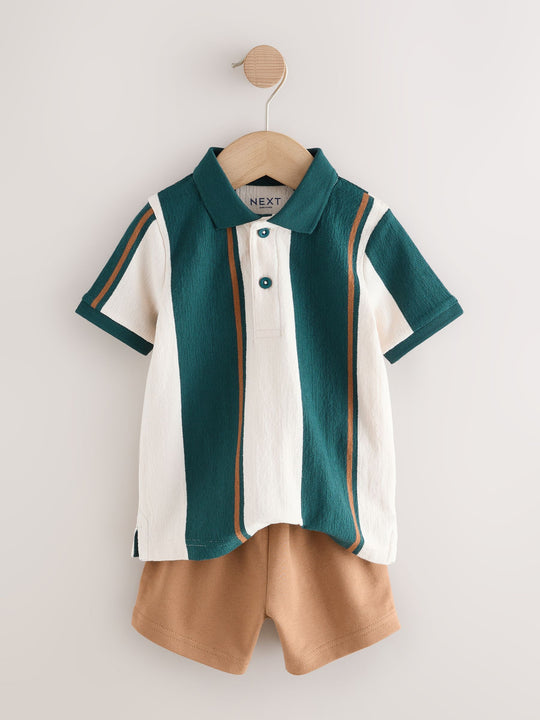 Green/Ecru Stripe Short Sleeve Polo Shirt and Shorts Set (3mths-7yrs)