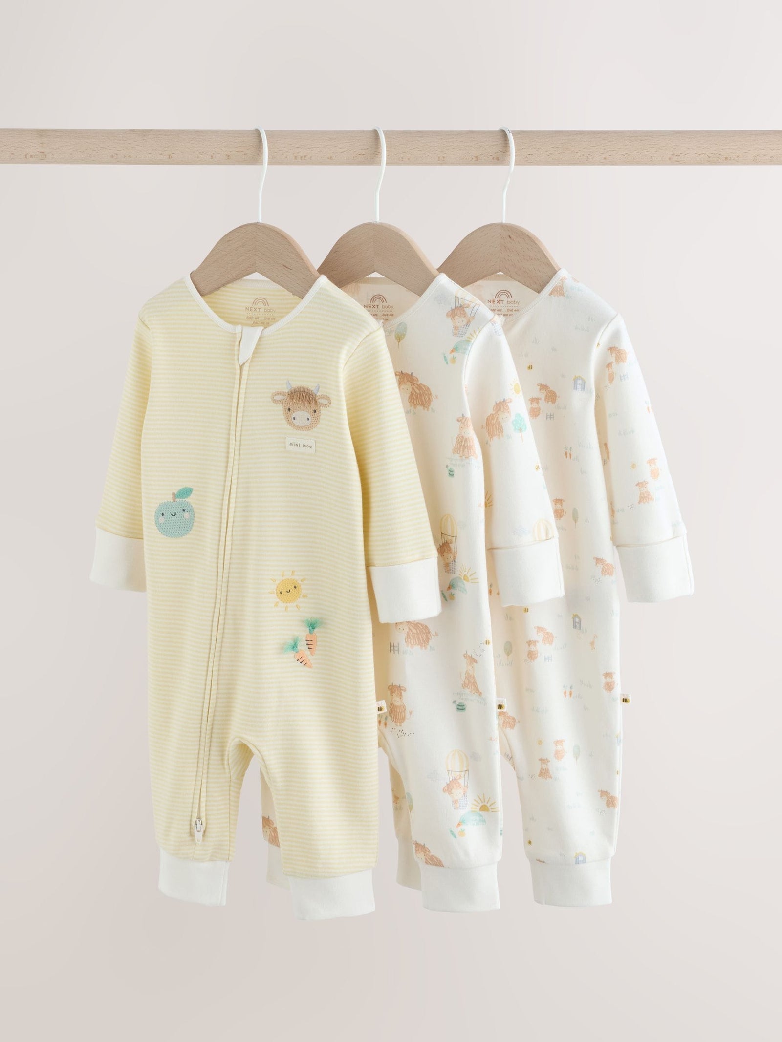 Cream Hamish Two Way Zip Baby Sleepsuits 3 Pack (0mths-3yrs)