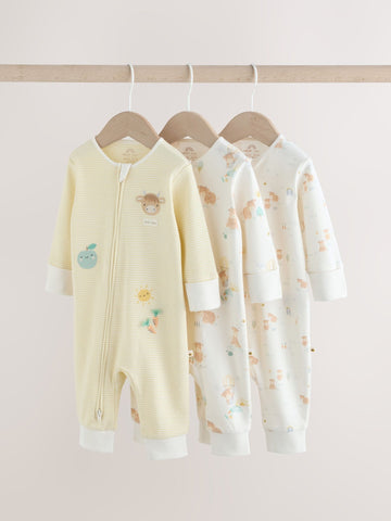 Cream Hamish Two Way Zip Baby Sleepsuits 3 Pack (0mths-3yrs)
