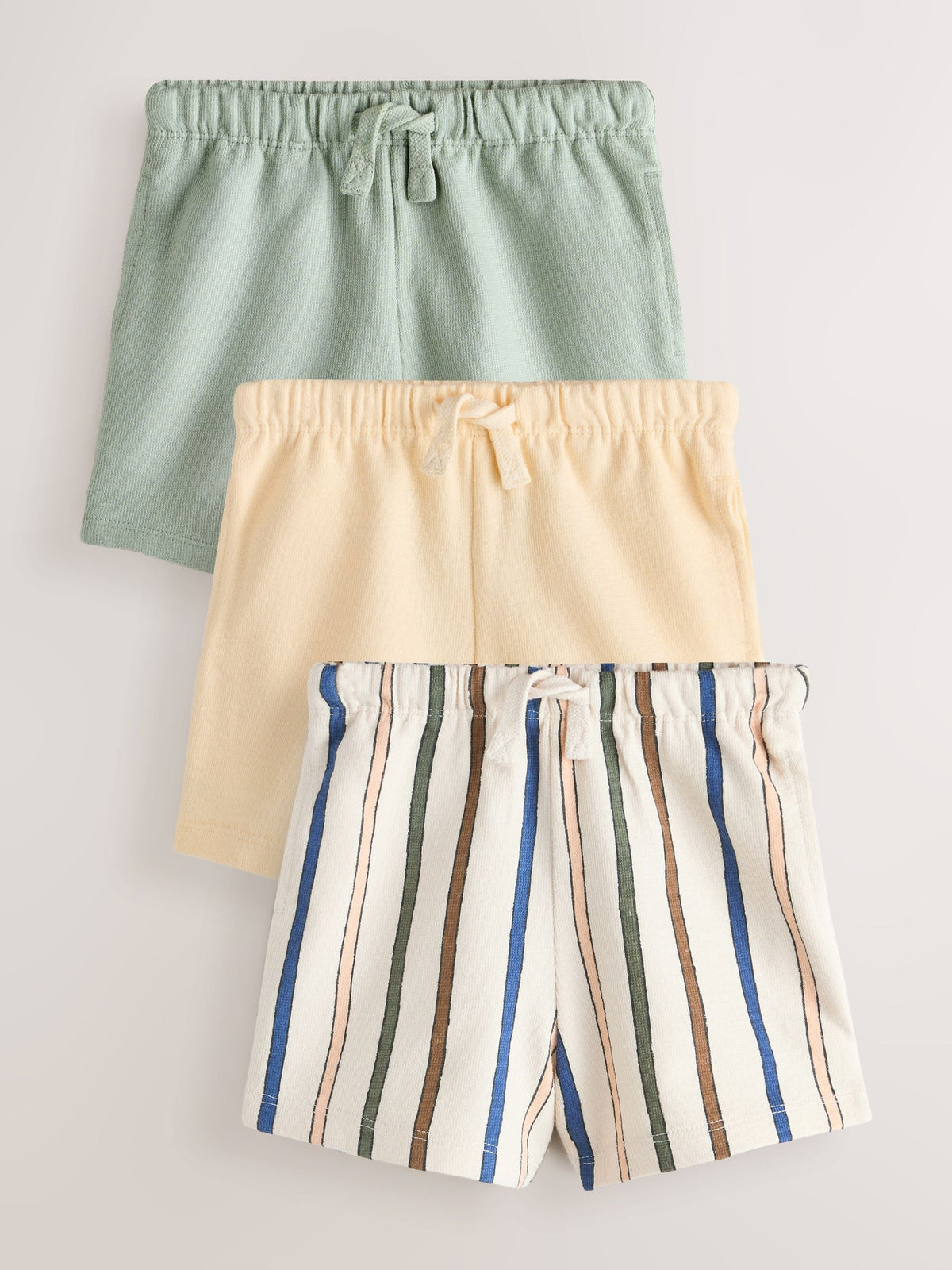 Sage Green Soft Yellow and Pastel Stripe Textured Shorts 3 Pack (3mths-7yrs)