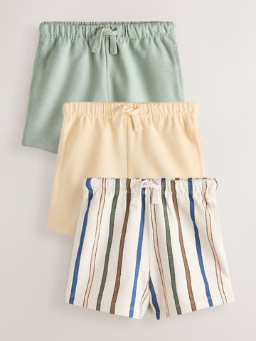 Sage Green Soft Yellow and Pastel Stripe Textured Shorts 3 Pack (3mths-7yrs)