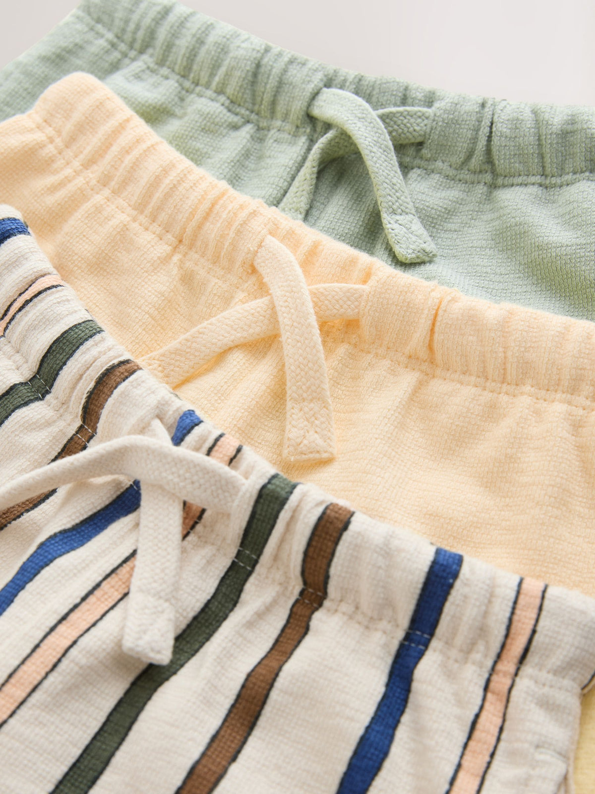 Sage Green Soft Yellow and Pastel Stripe Textured Shorts 3 Pack (3mths-7yrs)