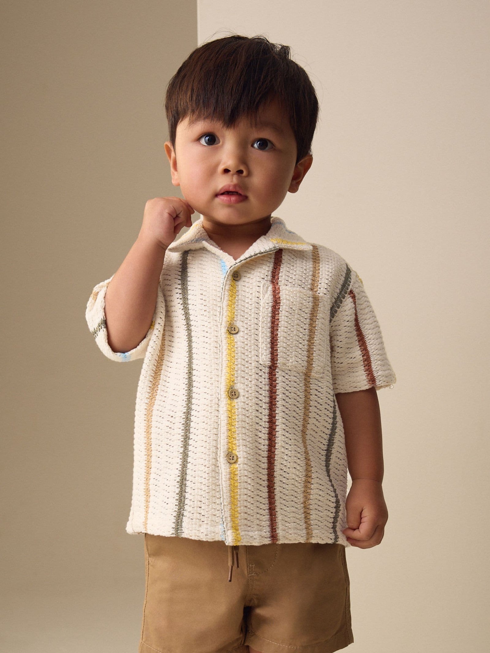 Ecru Striped Short Sleeve Revere Collar Textured Shirt (3mths-7yrs)