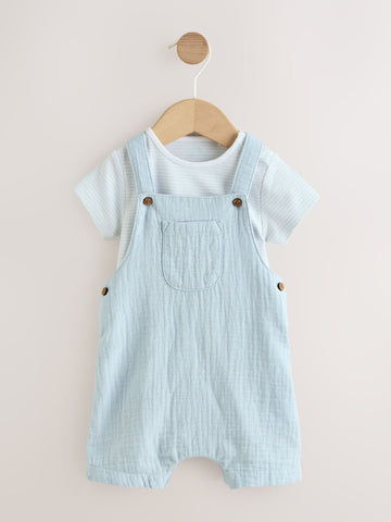Pale Blue Woven Dungarees and Bodysuit Baby Set (0mths-2yrs)