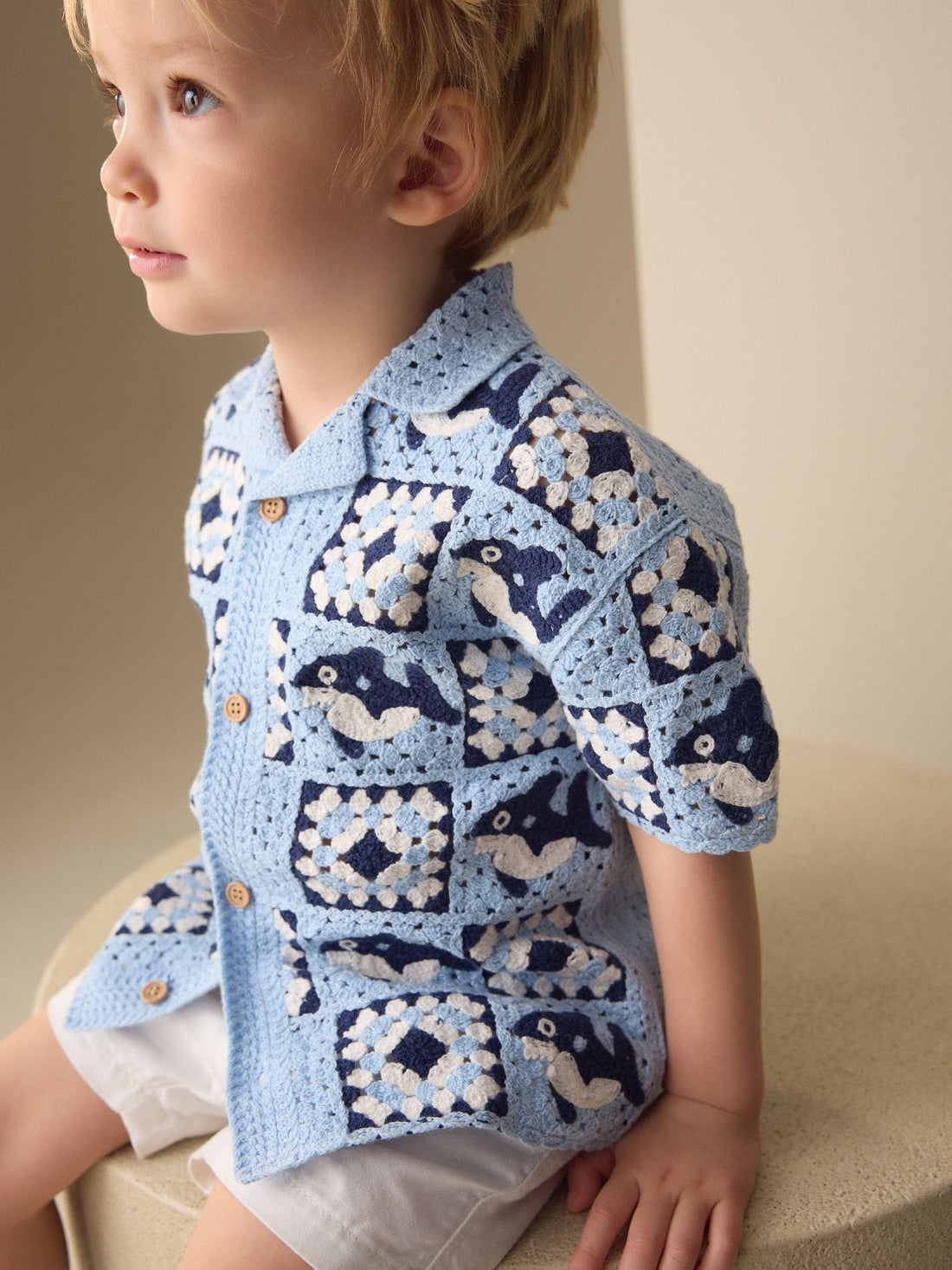 Blue Shark Crochet Knitted Short Sleeve Shirt (12mths-10yrs)