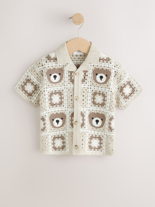 Neutral Bear Crochet Knitted Short Sleeve Shirt (12mths-10yrs)