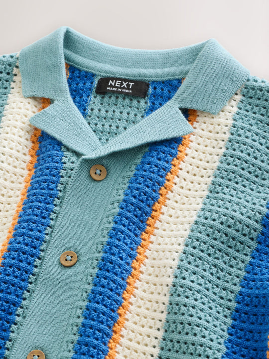 Blue Knitted Stripe Polo Shirt (3mths-7yrs)