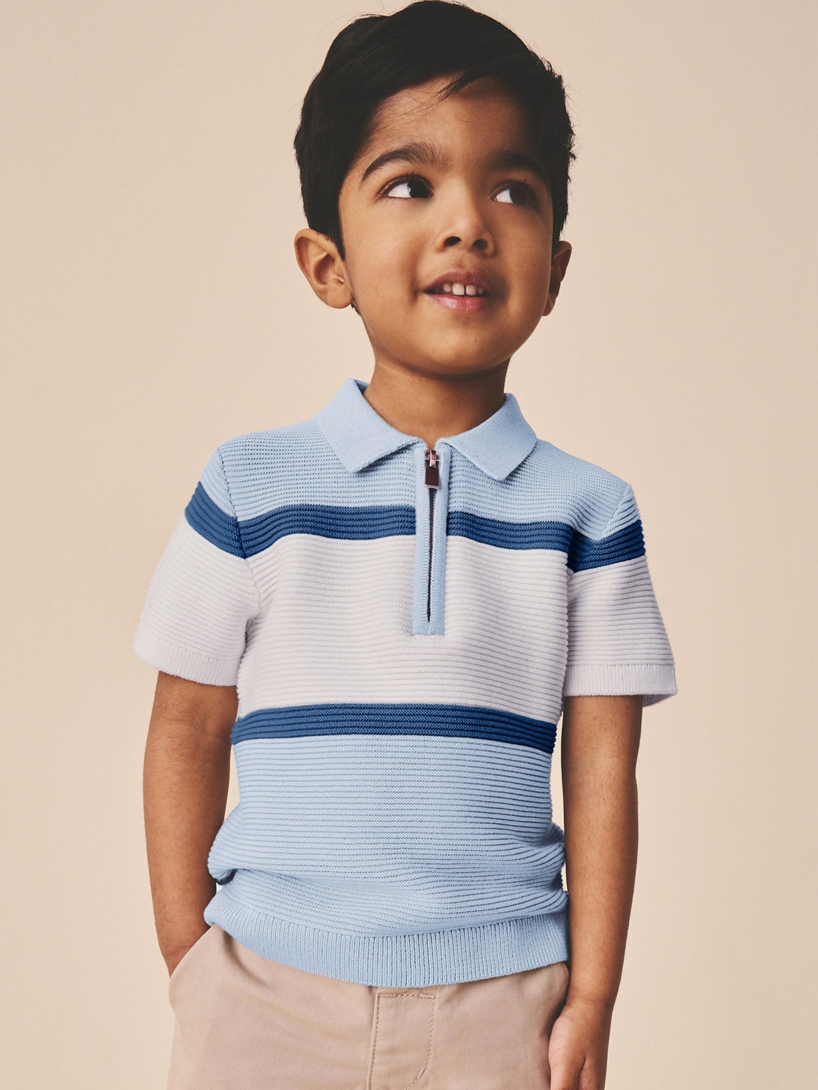 Blue Colourblock Knitted Zip Neck Polo Shirt (3mths-7yrs)