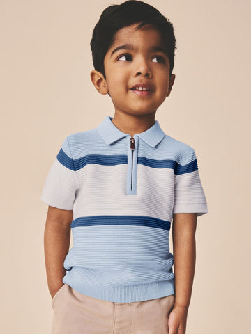 Blue Colourblock Knitted Zip Neck Polo Shirt (3mths-7yrs)