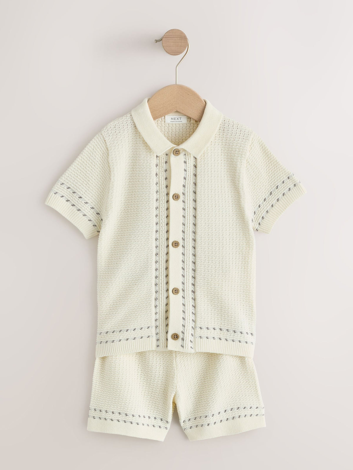 Ecru Textured Knitted Button Through Polo Shirt and Shorts Set (3mths-10yrs)