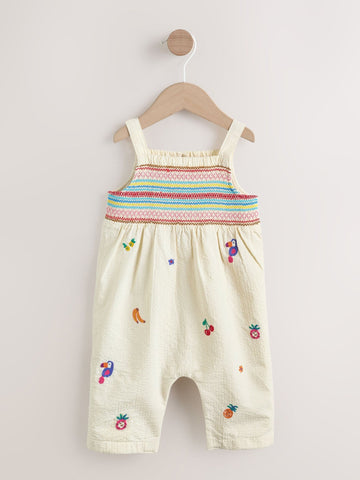 White Tropical Embroidery Baby Long Leg Romper (0mths-2yrs)