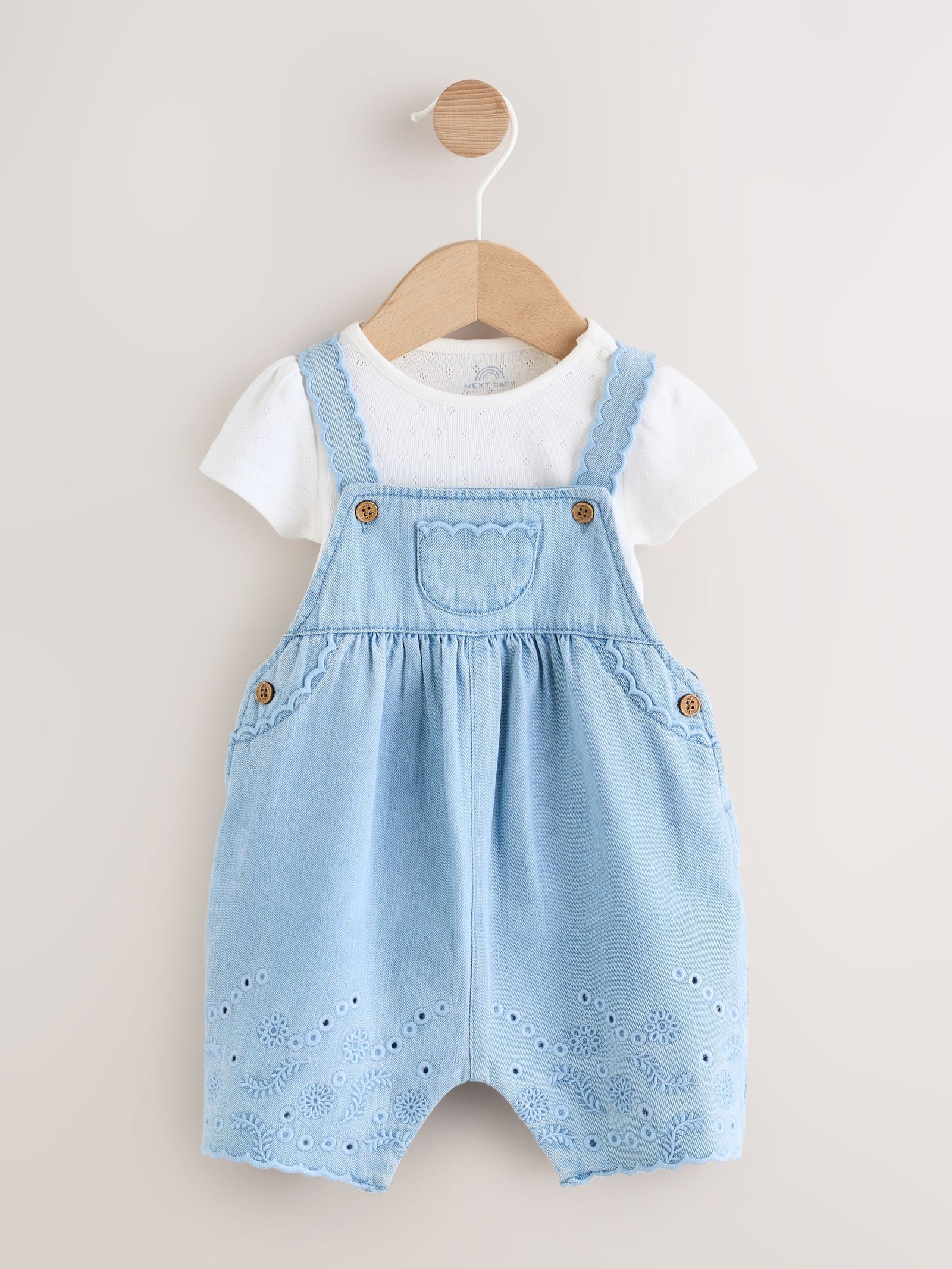 Denim Blue Broiderie Dungaree and Bodysuit Baby 2 Piece Set (0mths-3yrs)