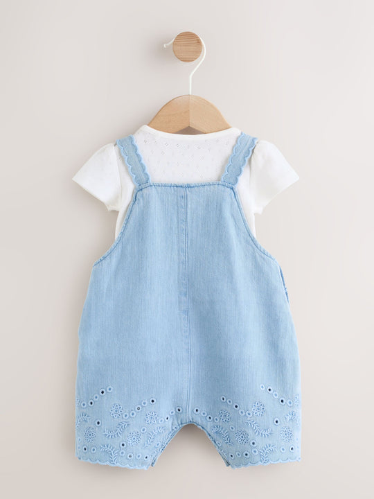 Denim Blue Broiderie Dungaree and Bodysuit Baby 2 Piece Set (0mths-3yrs)