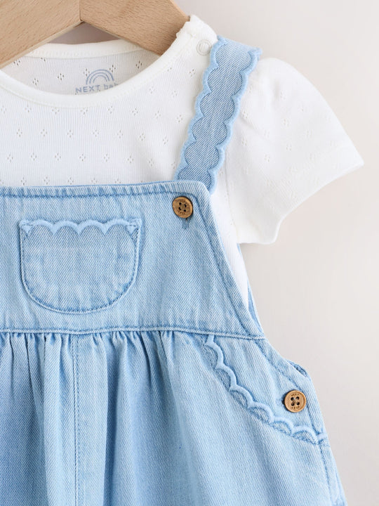 Denim Blue Broiderie Dungaree and Bodysuit Baby 2 Piece Set (0mths-3yrs)
