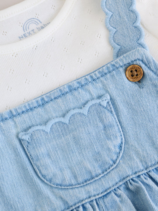 Denim Blue Broiderie Dungaree and Bodysuit Baby 2 Piece Set (0mths-3yrs)