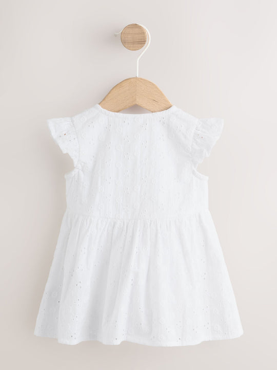 White Broiderie Woven Baby Dress With Intergrated Bodysuit (0mths-2yrs)