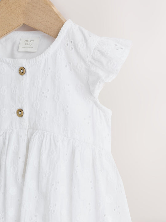 White Broiderie Woven Baby Dress With Intergrated Bodysuit (0mths-2yrs)