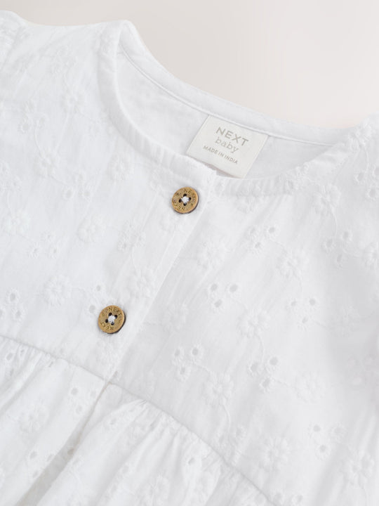 White Broiderie Woven Baby Dress With Intergrated Bodysuit (0mths-2yrs)