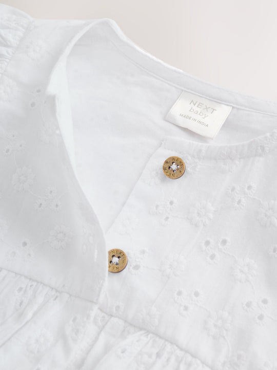 White Broiderie Woven Baby Dress With Intergrated Bodysuit (0mths-2yrs)