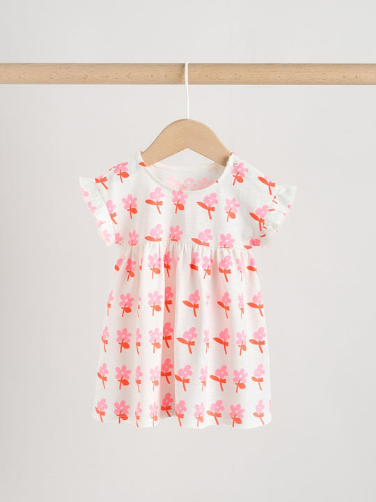 White Floral/ Pink Stripe Baby Short Sleeve Dresse 2 Pack (0mths-3yrs)