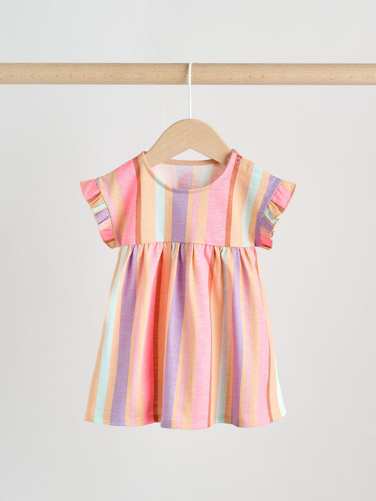 White Floral/ Pink Stripe Baby Short Sleeve Dresse 2 Pack (0mths-3yrs)