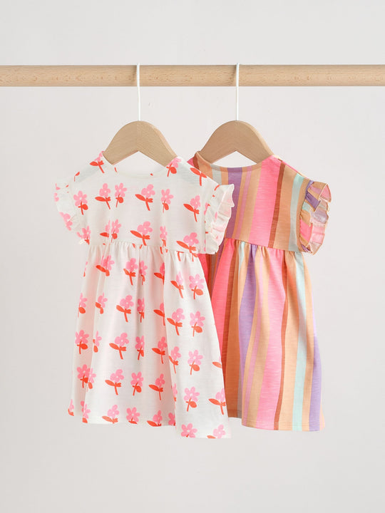 White Floral/ Pink Stripe Baby Short Sleeve Dresse 2 Pack (0mths-3yrs)